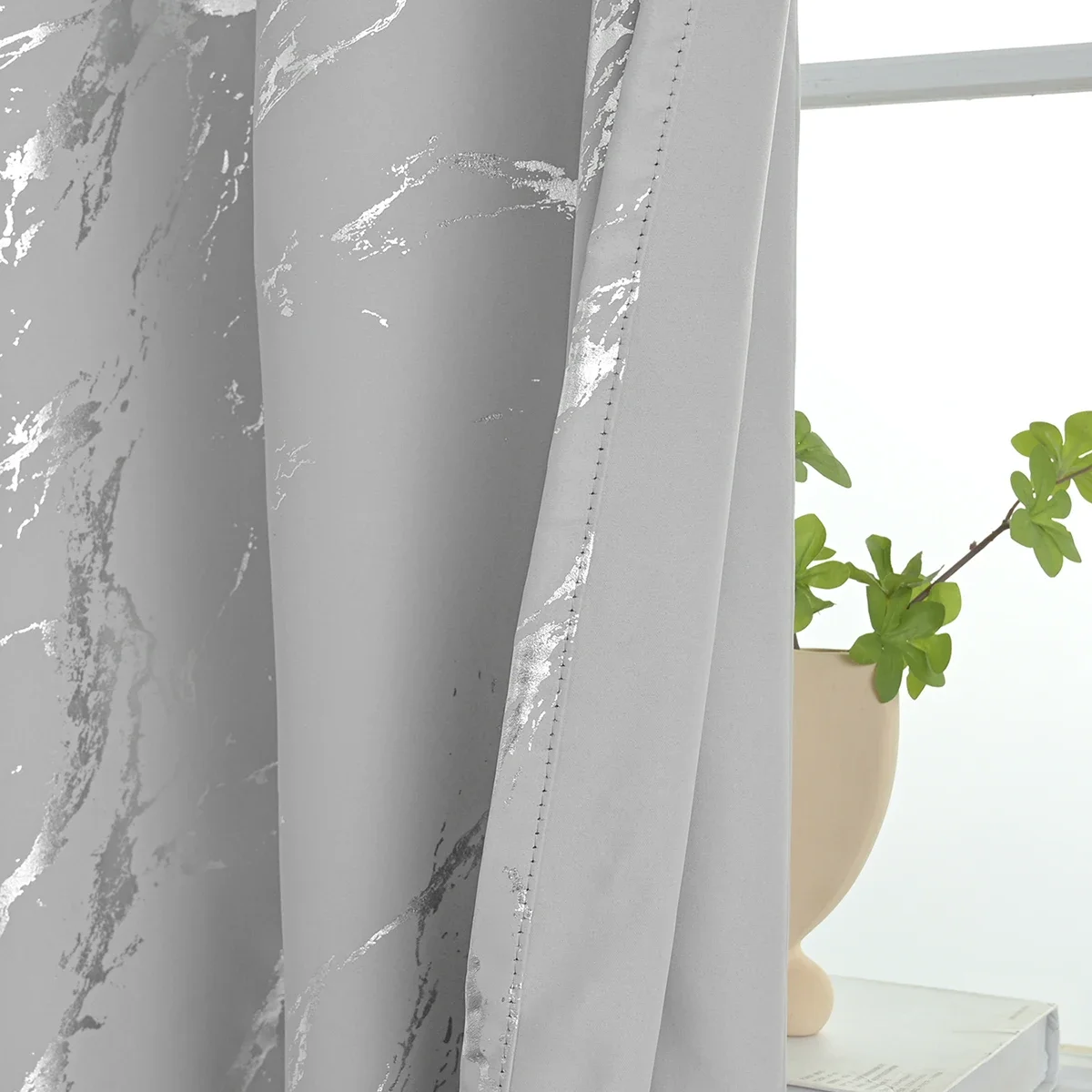 1pc Modern Marble Printed Curtain with Silver Stamping, One Panel High-Precision