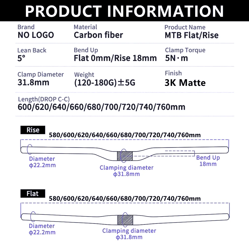 Matte 3K Carbon Bike MTB Handlebar Mountain Bicycle Horizontal / One-shaped Handlebar 580/600/620/640/660/680/700/720/740/760mm