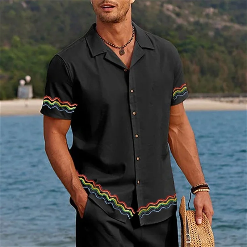 New men's shirt Wavy curves printed men's clothing Holiday lapel short sleeve fashion casual top Street shirt for men in Hawaii