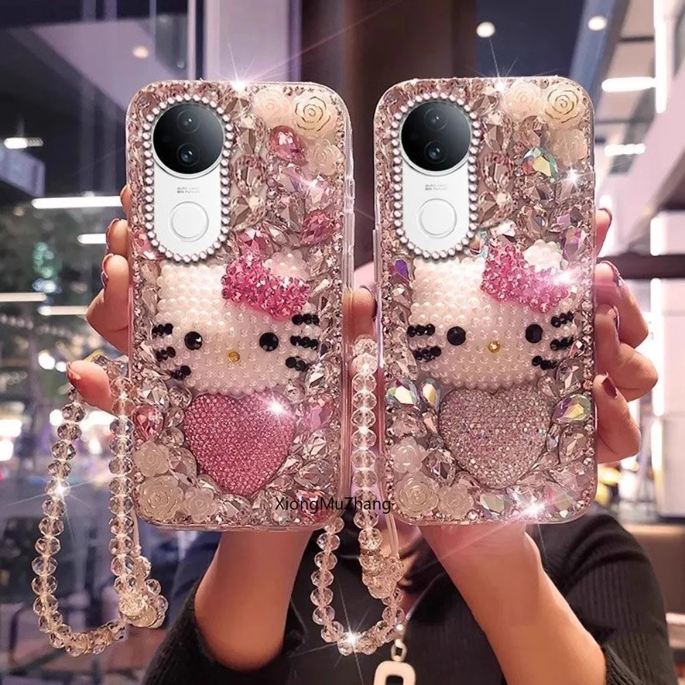 DIY Diamant-Strass Hello Kitty Hülle für Vivo X300 X200 X100 Y400 V27 V29 V30 V40 V50 V60 Lite Y29 Y35 Y36 Y38 Sanrio Cover