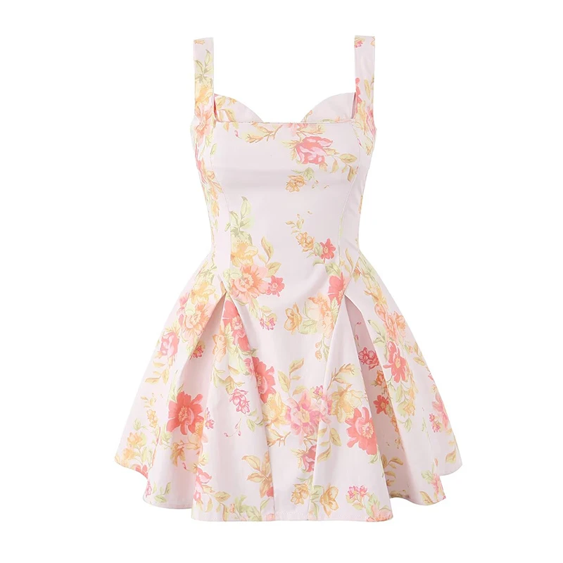 YENKYE Summer Women Sexy Low Waist Floral Print Mini Dress Fit And Flare  Sleeveless Female Holiday Party Dresses Graduation Robe