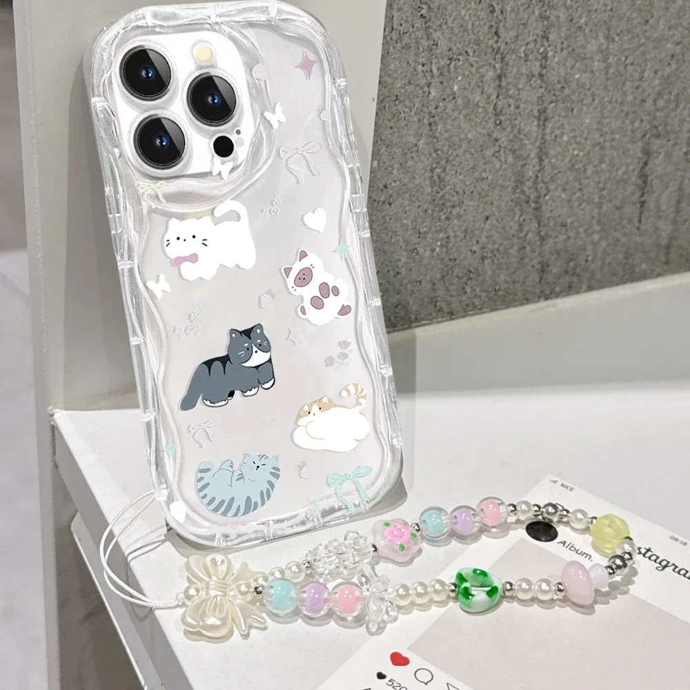 Charming Cat Bow Wrist Chain Clear Soft Phone Case
