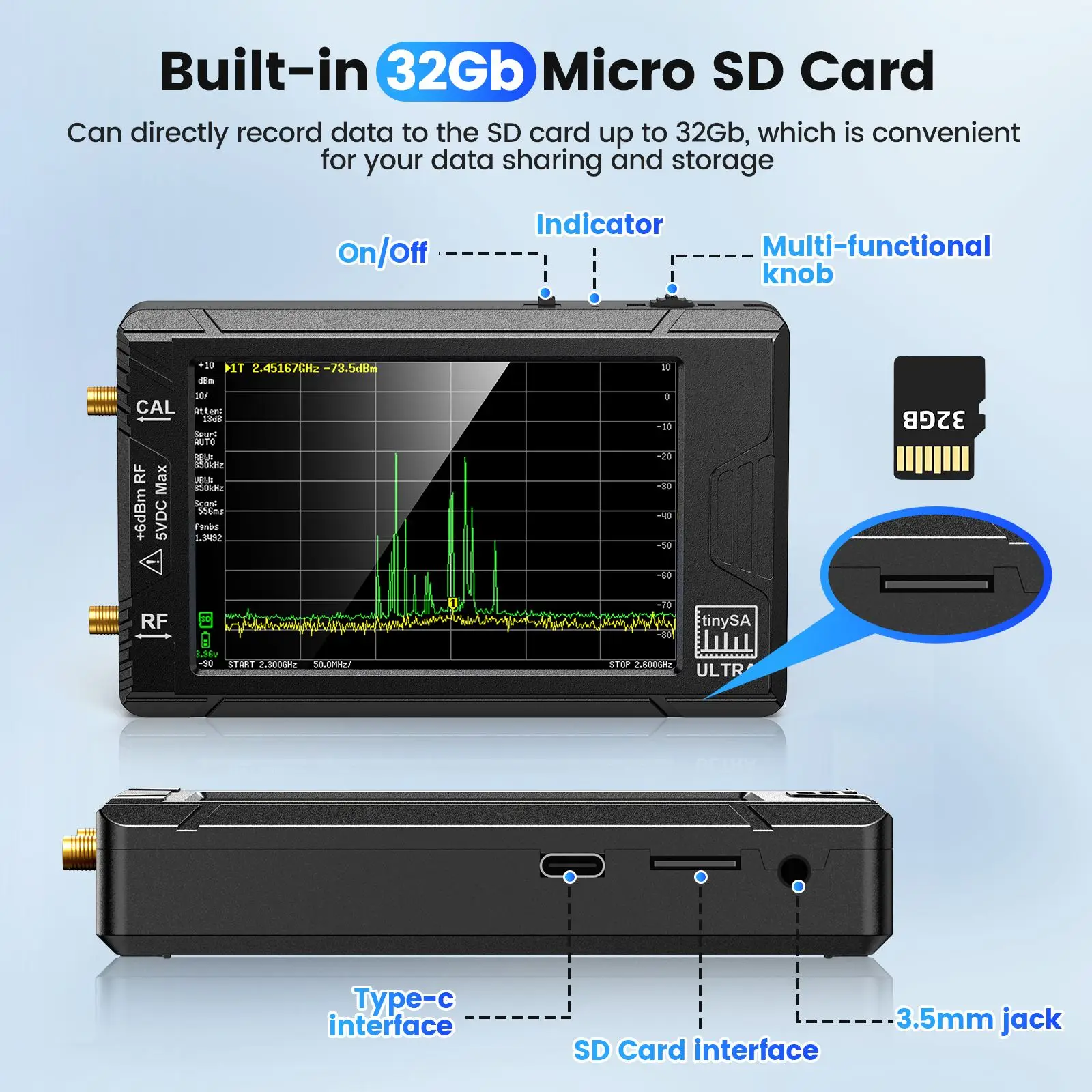 TinySA ULTRA 4" Display Tiny Spectrum Analyzer 100kHz To 5.3GHz 32GB Network Internal Lan Tester RF Generator Built In Battery 3