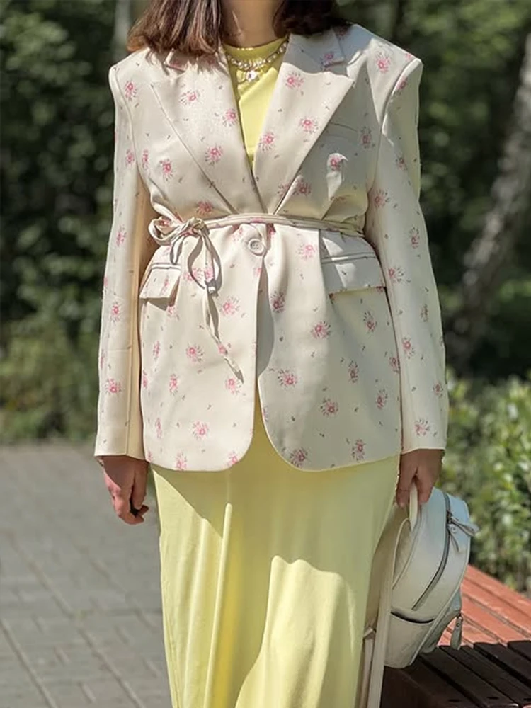 Women's Floral Printed Office Wear Blazer Coat Long Sleeve Flap Pockets Lace-up Blazers Jackets Female Outerwear Chic Tops