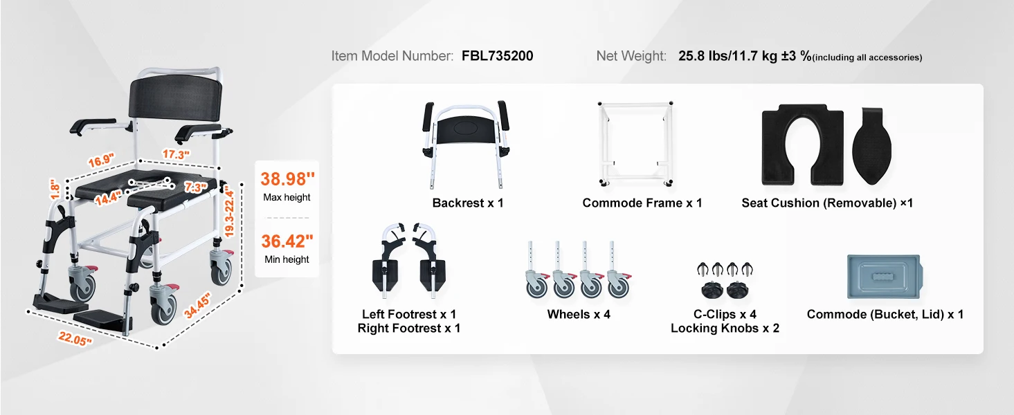 SucceBuy Shower Commode Wheelchair with4Lockable Wheels Footrests Flip-up Arms3-Level Adjustable Height 5L Removable Bucket