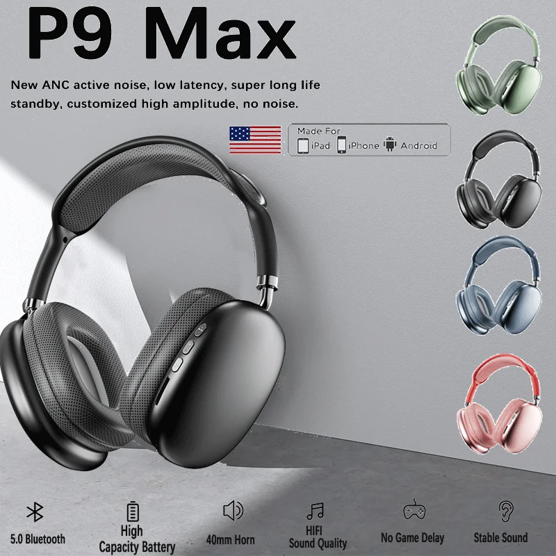 

Original Air Max P9 Pro Wireless Bluetooth Headphones Noise Cancelling Mic Pods Over Ear Sports Gaming Headset For Apple