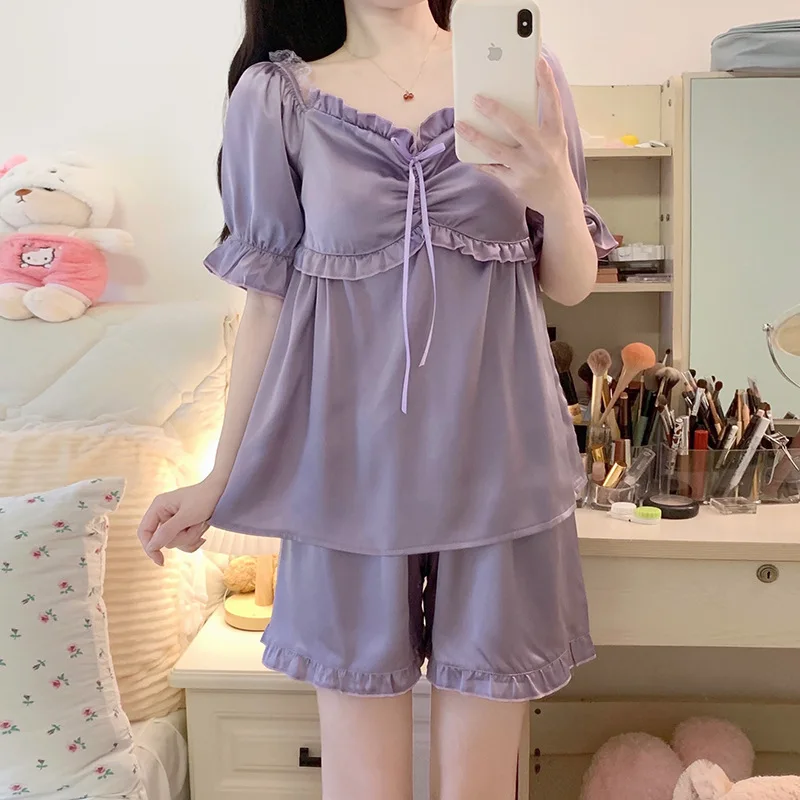 Ling Sleepwear For Women Simple Princess Style Summer Suspender Pajamas With Bra Pad Two-piece Set Thin Ruffled Home Clothes