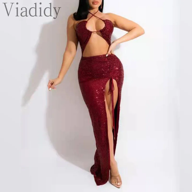 

Women Sexy Solid Color Halter Backless Drawstring Hollow Out Sequin Decor Party Dress