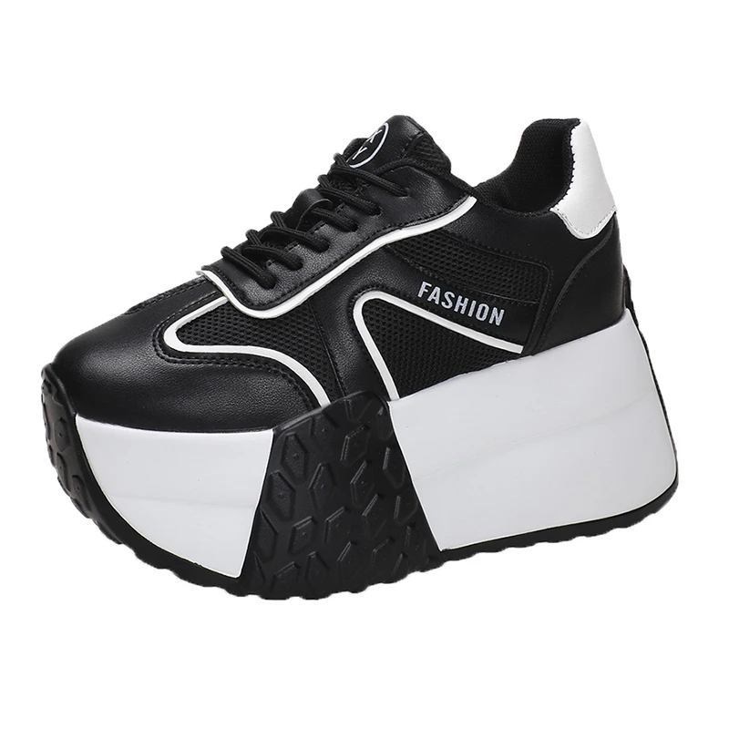 New Chunky Leather Women Casual Shoes 9CM High Platform Wedge Heels Sneakers Fashion Female Women Spring Autumn Skateboard Shoes