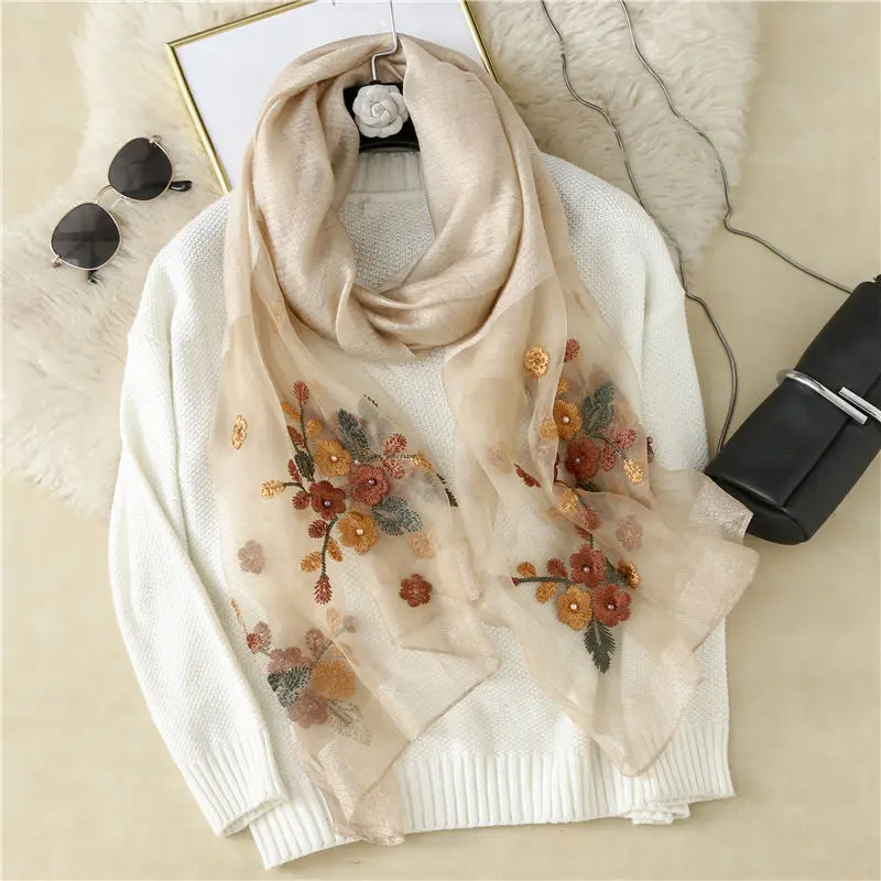Bufanda Bordada Floral Con Perlas - Chal Elegante De Viscose 100% Para Mujeres, Multiusos