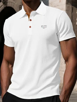 Polo a Maniche Corte in Maglia Waffle da Uomo Milano Italia, T-Shirt Casual da Golf alla Moda con Bottoni a Contrasto