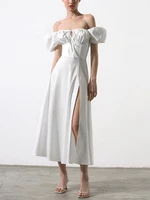 Puff Sleeve White Dress Off Shoulder Cut out Tie up Side Split Long Dress Summer Dress for Women