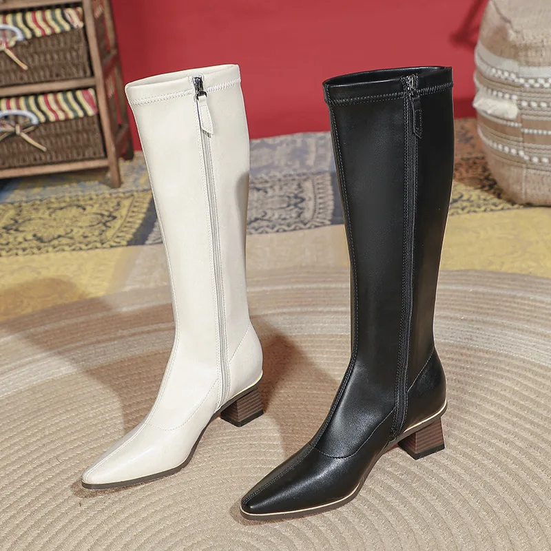 

Pointed Toe Botte Femme Modern Knee High Long Boots Black Square Heels Zipper Fall Women Shoes Outdoor Zapatos Mujer