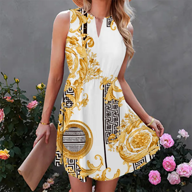 

Vintage V-neck Floral Pattern Print A-line Party Dresses Women Summer Fashion Sleeveless Maxi Dress Elegant Ladies Long Vestidos