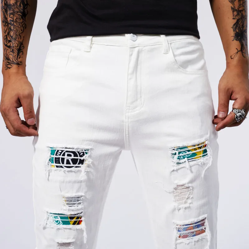 White Elastic Hot Diamond Denim Ripped Patch Skinny Pants Men