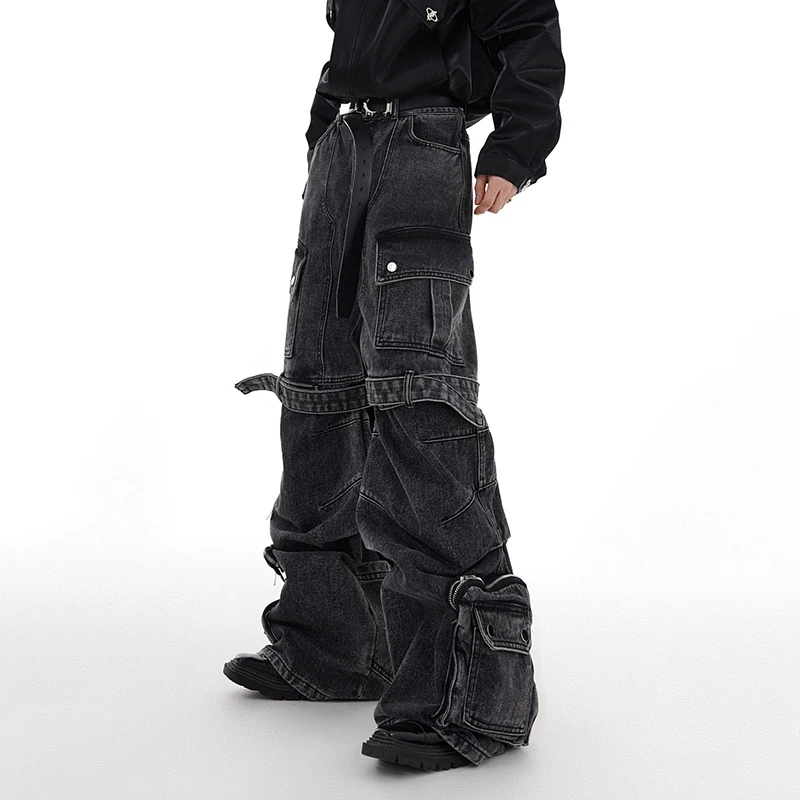 IEFB Multi-pocket Jeans Three-dimensional Lace-up Design Wide-leg Overalls 2024 Autumn Streetwear Black-grey Denim Pants 24X1350 2