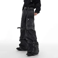 IEFB Multi-pocket Jeans Three-dimensional Lace-up Design Wide-leg Overalls 2024 Autumn Streetwear Black-grey Denim Pants 24X1350 2