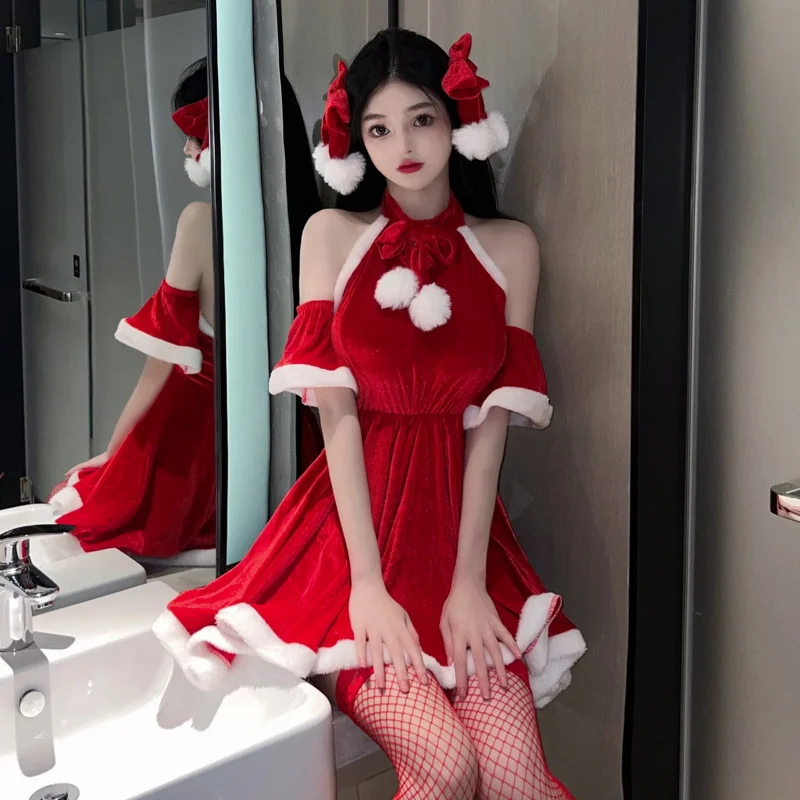 

Christmas Women Uniform Fancy Dress Santa Claus Cosplay Costume Winter Red Plush Dress Suit Sexy Party Mini Dress Maid Bunny