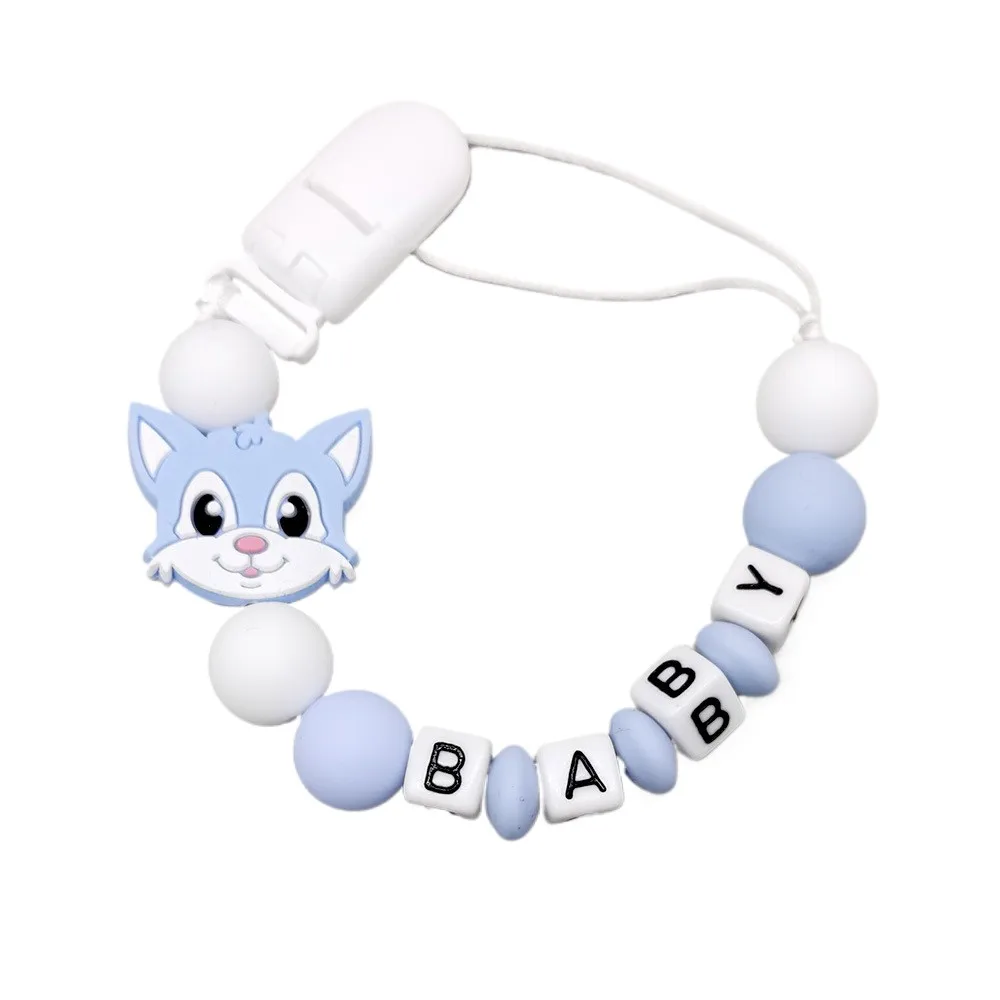 Gray White Baby Pacifier Leash with Silicone Animal Focal Beads Personalized Name Baby Accessory
