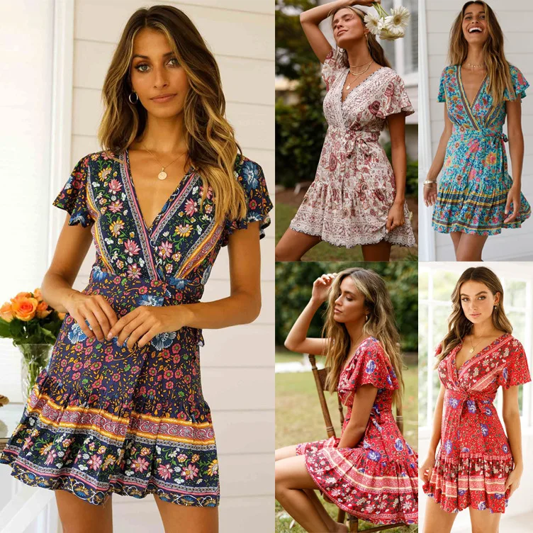 

Women Short Sleeve Boho Floral Mini Dress Ladies Vintage Sundress Holiday Beach V-neck Lace up Dress Summer Clothing