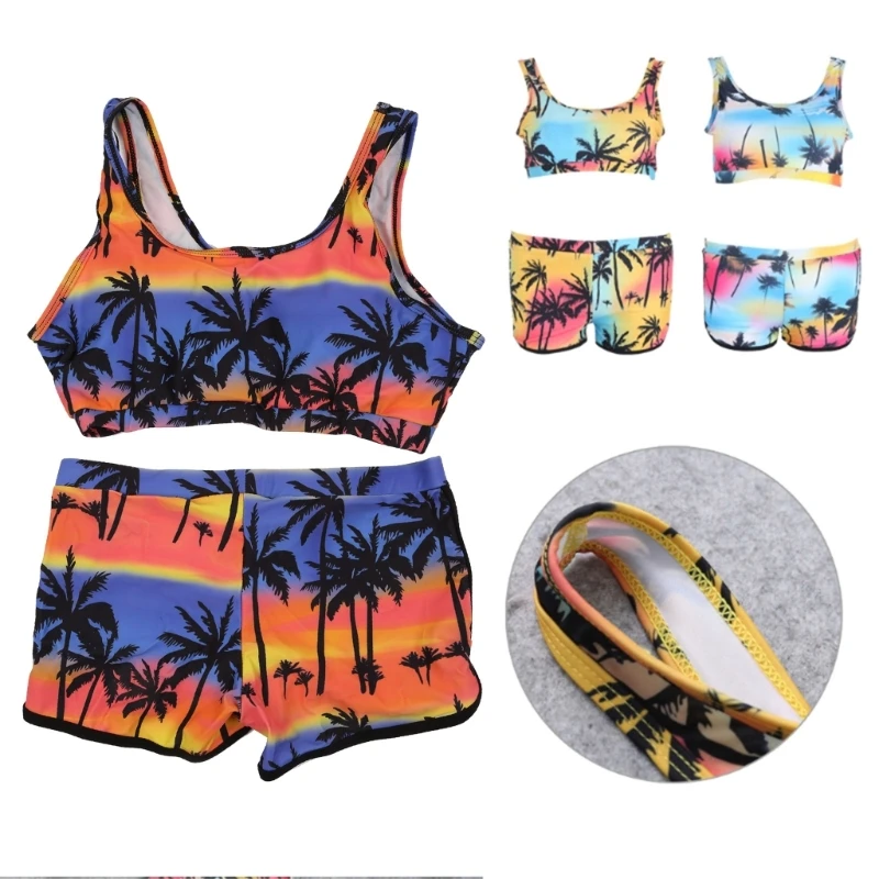 

Women Coconut Tree Print High Waisted Bikini Set Crop Top Swimsuits with Shorts