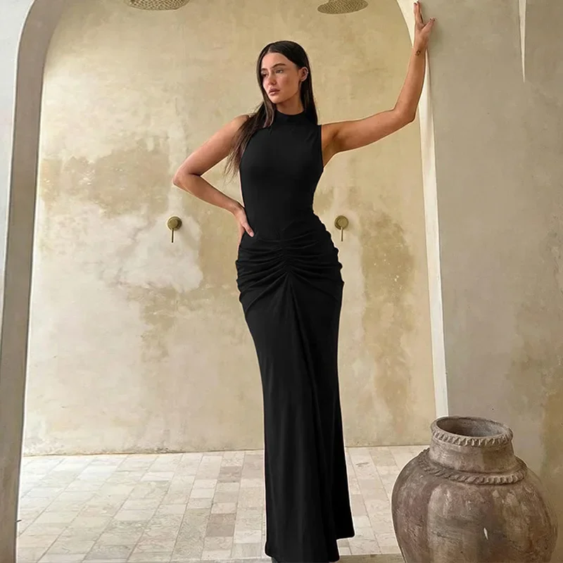 Halbhoher Kragen Ärmelloses Sexy Maxikleid Damen Abendkleid Elegant Hohe Taille Gerafftes Schlitz-Clubkleid Party Langes Tanktop-Kleid – Detail 13