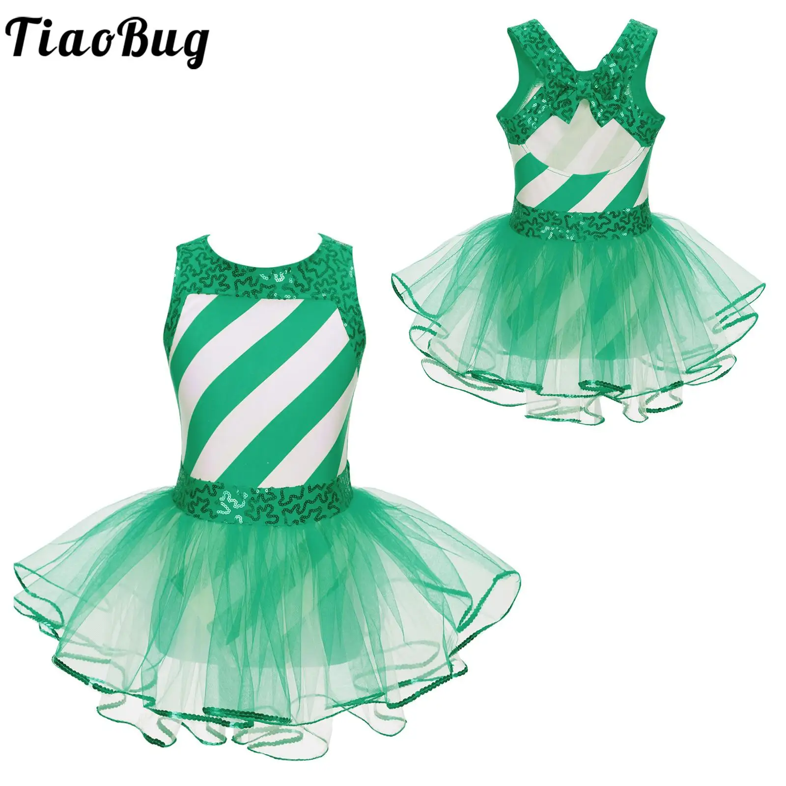 

Детское танцевальное платье без рукавов Tiaobug для девочек 4-16 дюймов, блестящие вырезы в полоску, многоярусная юбка-пачка, комбинезон с бантом на спине на Рождество