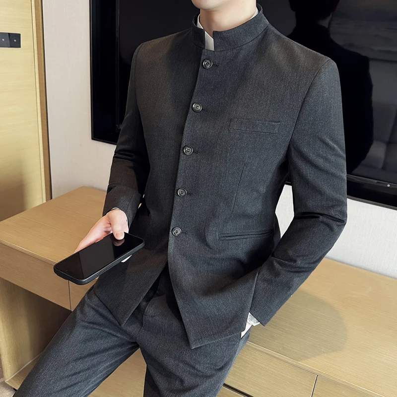Chinese Style Stand Collar Suit 2-piece Set Men's Elegant Zhongshan Suit Business and Leisure 2-piece Set (jacket+pants)