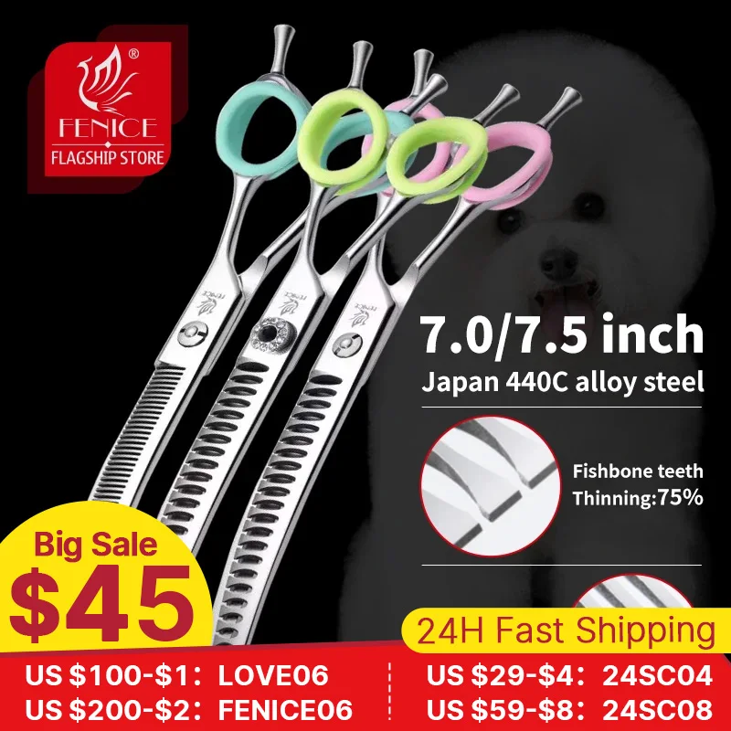 Fenice 7.0/7.5 inch Professional Dog Grooming Shears Curved Thinning Scissors for Dog Face Body Cutiing JP 440C High Quality