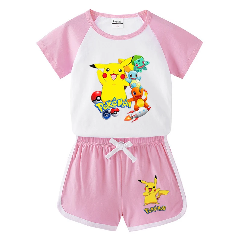 thumbnail image 1 of Camiseta de algodón de Pikachu para niñas y pantalones cortos, conjunto de 2 uds. De ropa de dibujos animados de Pokémon para niños, traje deportivo de la Patrulla Canina para verano, 1 of 4