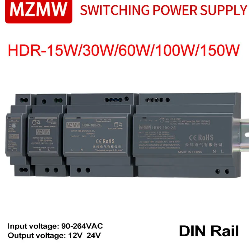 Промышленный источник питания MZMW на DIN-рейке, HDR 15 Вт 30 Вт 60 Вт 100 Вт 150 Вт 100-240 В AC/DC 12 В 24 В, Ультратонкий шаговый трансформатор