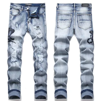 Nuovi occhiali da vista blu stile street transfrontalieri Jeans da uomo elasticizzati con ricamo serpente per scena casual per adolescenti 1