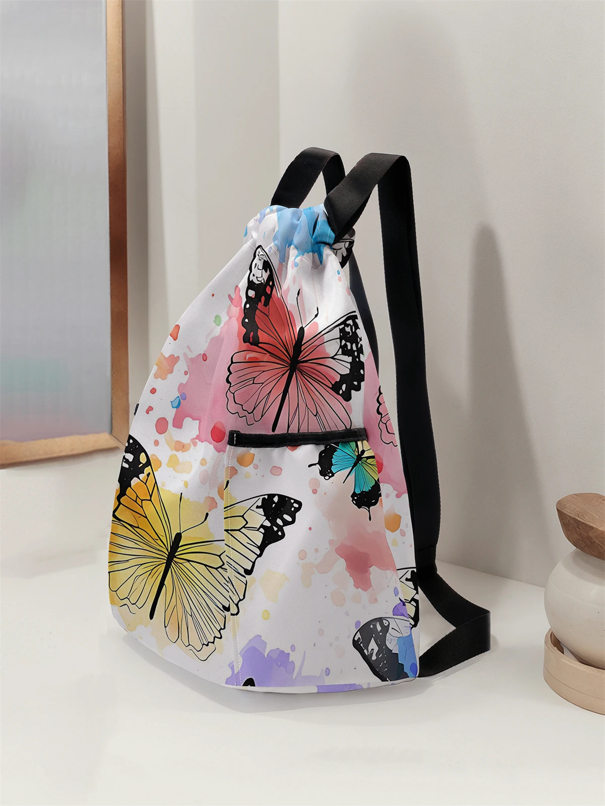 Butterfly Pattern Printed Drawstring Backpack - Large Capacity Durable Fitness Bag, Sports Beach Backpack