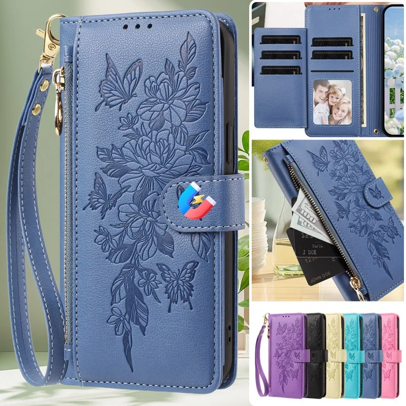 Elegant Pattern Leather Zipper Wallet Phone Case with Wrist Strap and Card Holder Cover