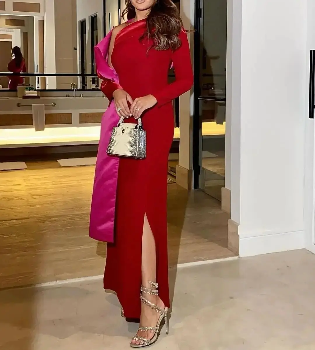 

Long Sleeve Prom Dresses Red Mermaid Back Party Gowns One Shoulder Ankle Length Side Split Saudi Arabia Evening Dresses 2024