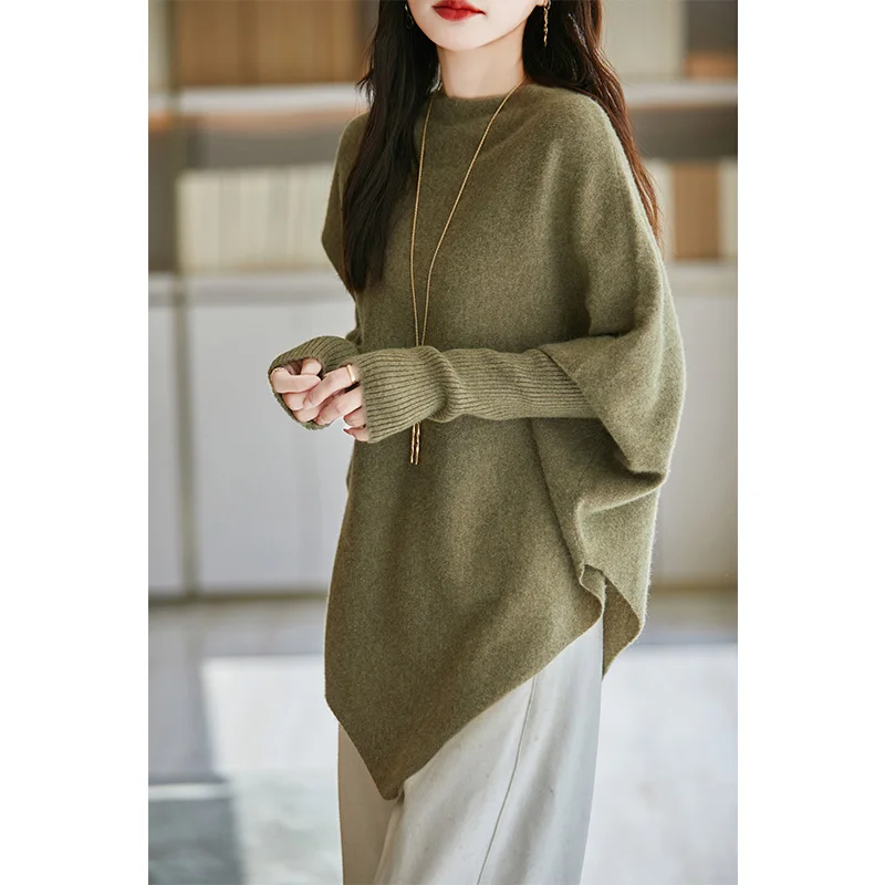 Ladies' temperament, triangular shawl, cashmere knit, one cut neck, solid color cape style, winter fashion, warm and cozy outfit 6