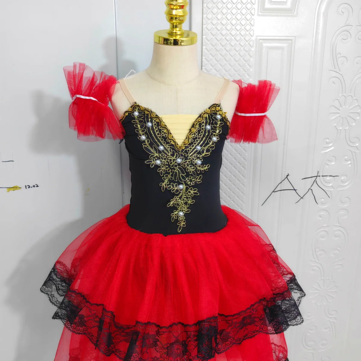 Spainish Red Ballet Tutu Skirt For Girls Soft Tulle Long Dress Performance Costumes