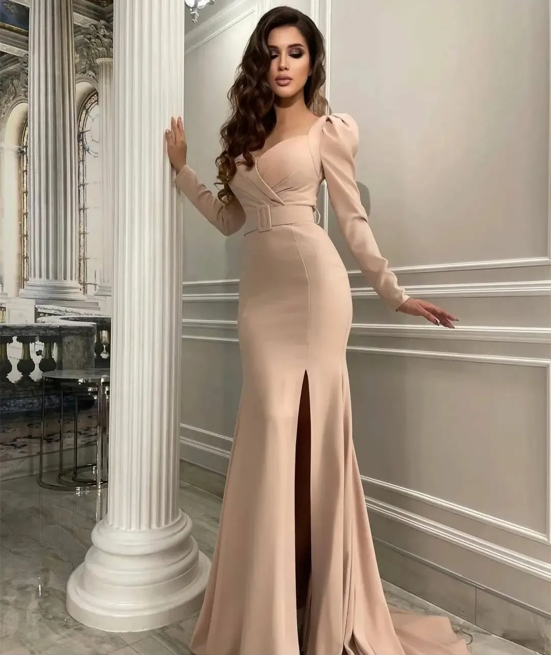 

Elegant Long Crepe Muslim Evening Dresses فساتين السهرة Mermaid Slide Slit Sweep Train Prom Dress Robe de soirée for Women