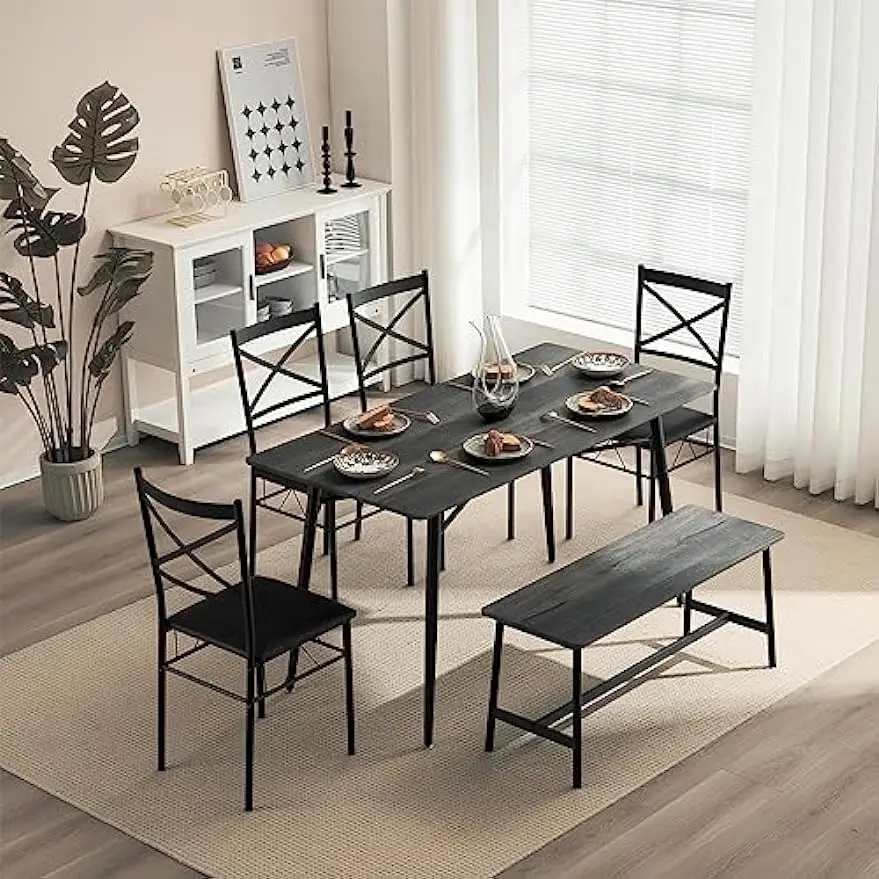 55in Modern Dining Table Set for 6, Rectangular Kitchen Dining Table, Bench, 6 Piece Wooden Dinner Table Set &Upholstered Chairs