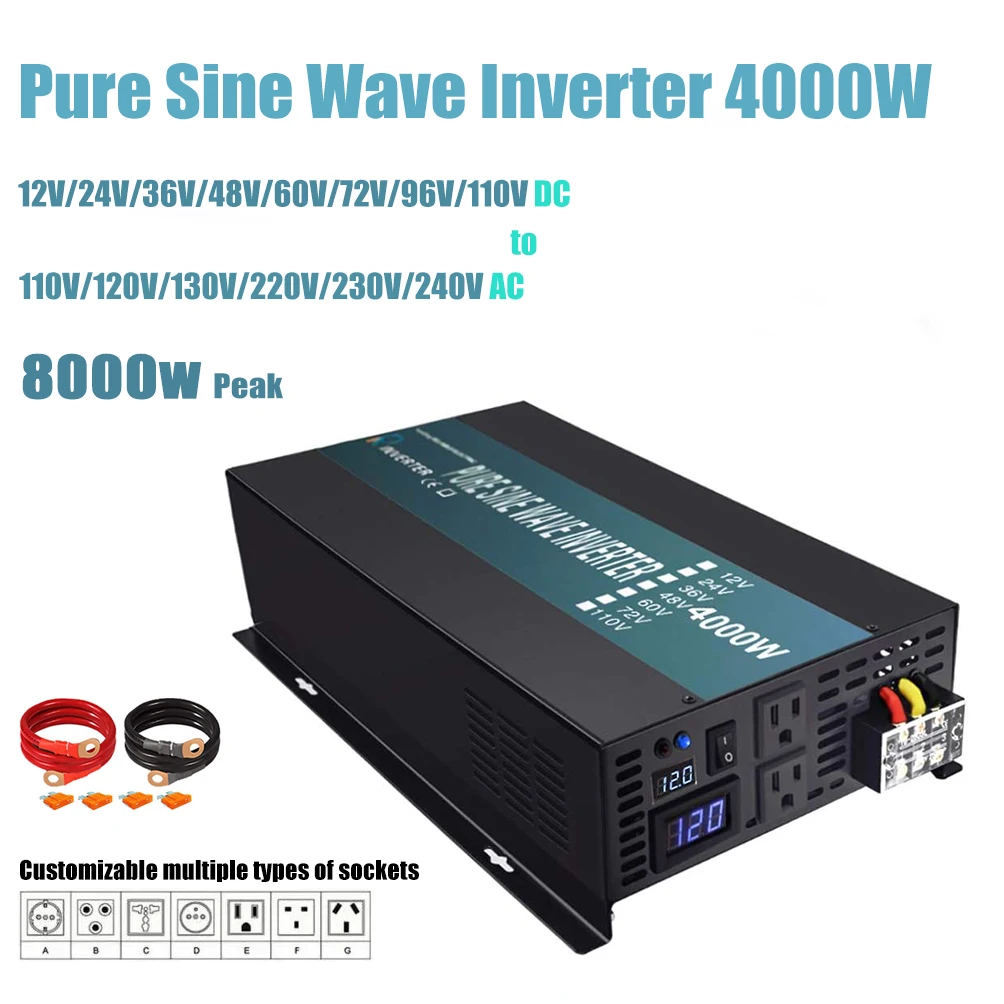 8000W Peak Power 4000W Solar Inverter 24V 220V Pure Sine Wave Inverter Battery Converter 12V/36V/48V/96V DC to 120V/230V/240V AC