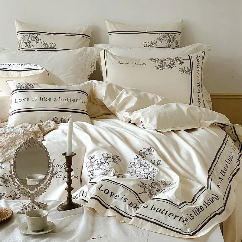 White Black Flower Pattern Quality Silky Soft Egyptian Cotton Bedding set Queen King Size 4Pcs Duvet Cover Bed Sheet Pillow Case 4