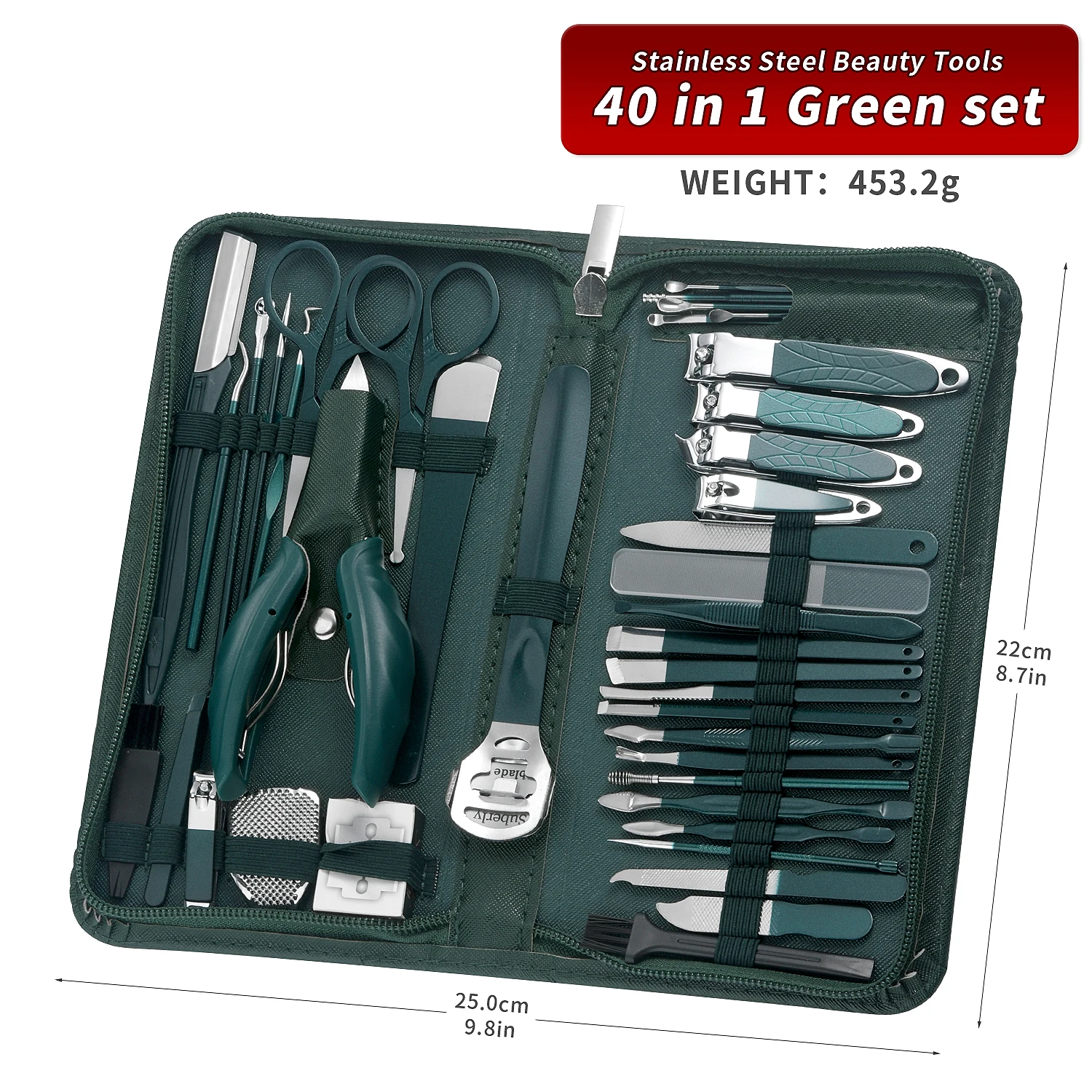 Manicure Set Pedicure Tools Set Nail Grooming Kit for Women Mens, 9/40Piece in 1（Dark Green） Nail Manicure Kit Foot Hand Care Ki