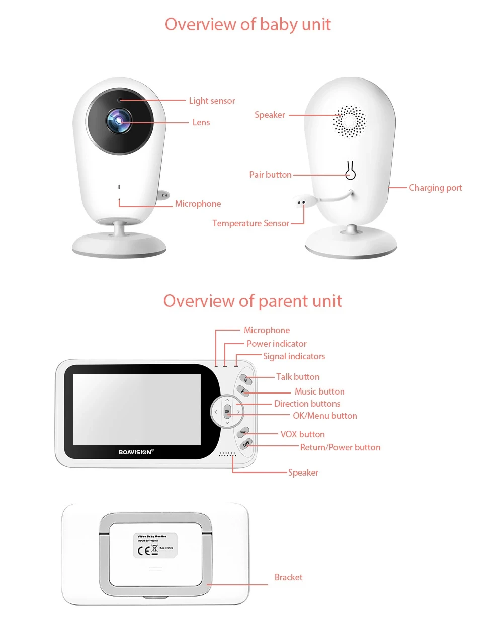 BOAVISION Portable 2.4 Inch LCD Wireless Baby Monitor & Walkie Talk Ca