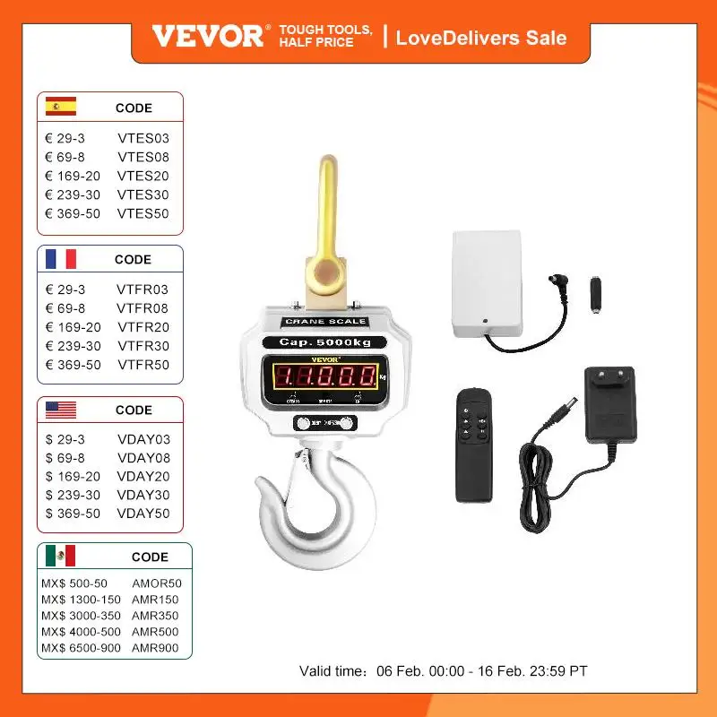 Vevor Bilancia A Gancio Digitale Da 10000-5000 Kg, Bilancia Dinamometro Con Gru Di Elevata Precisione, Gancio Elettronico Per Bilancia Pesapersone Ele