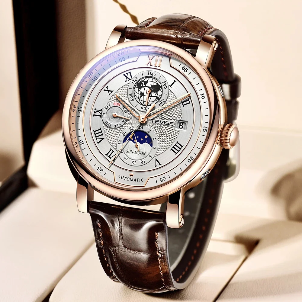 Mechanical Watch 2025 TEVISE Business Waterproof Mens Mechanical Watch Leather Watch For Men Moon Phase Automatic Wristwatch mechanical watch