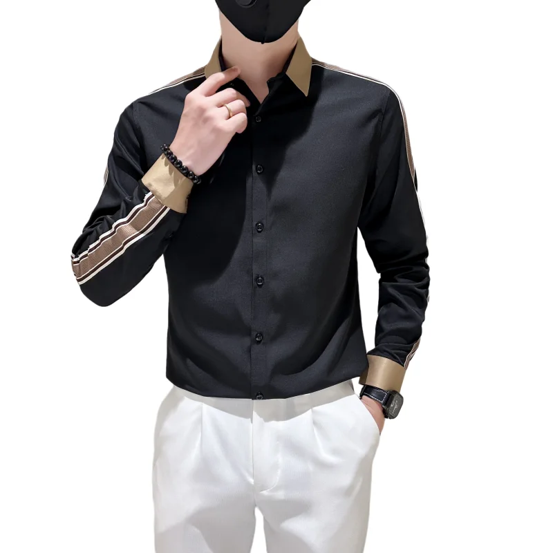 Camisa Social Masculinas All Seasons Solid Stripe Spliced Long 