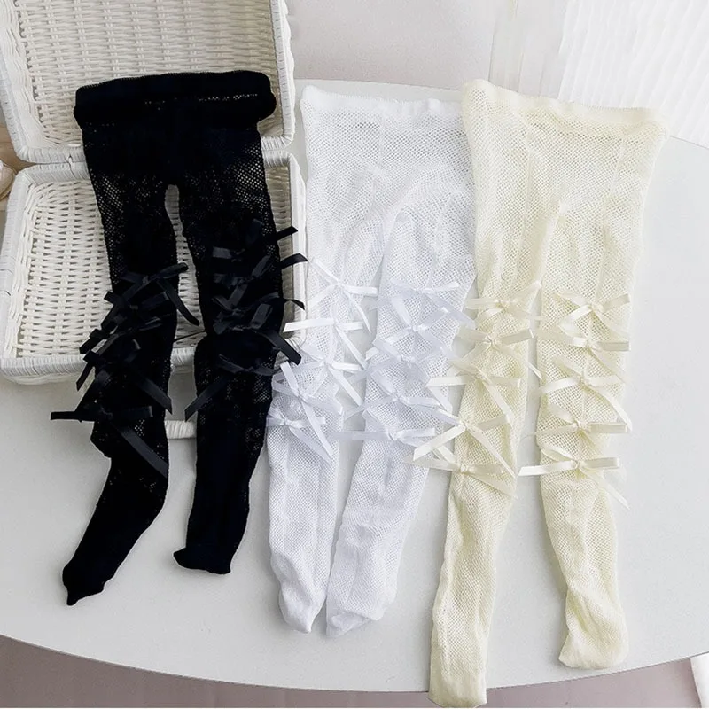 Children Baby Cute Bows Black White Mesh Tights for Kids Girl Sweet Princess Bowknot Pantyhose Fishnet Lolita Stocking Socks