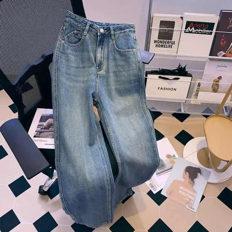 Spring and Autumn New Fashion Show Tall Show Thin Loose Waist Straight Leg Jeans