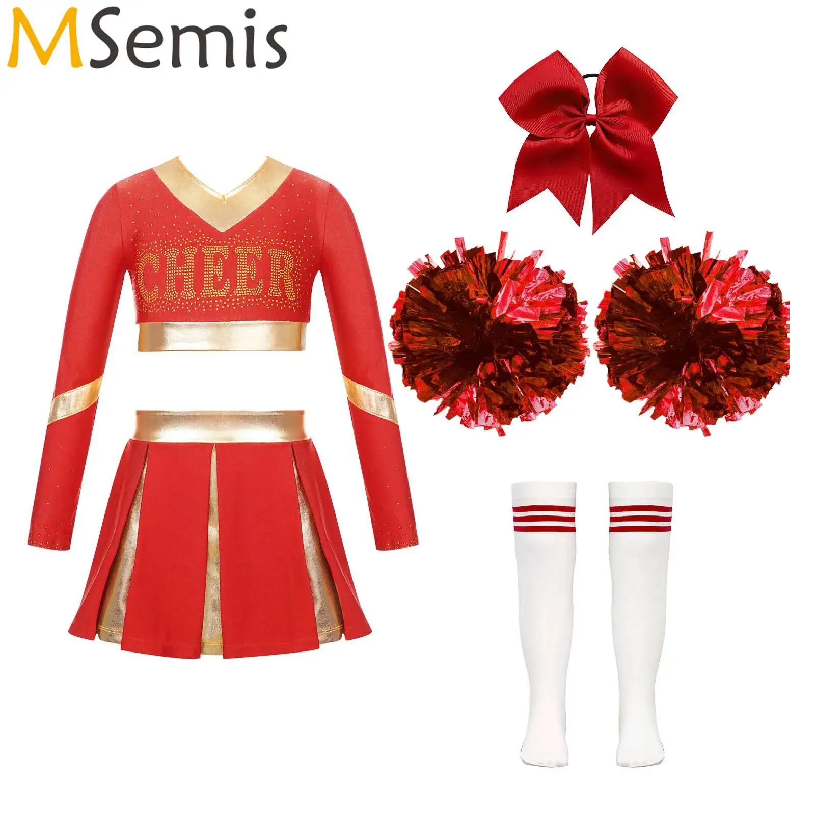 

Детская униформа для чирлидинга для девочек, укороченный топ с плиссированной юбкой и средние гольфы, 2 шт., цветочные шарики