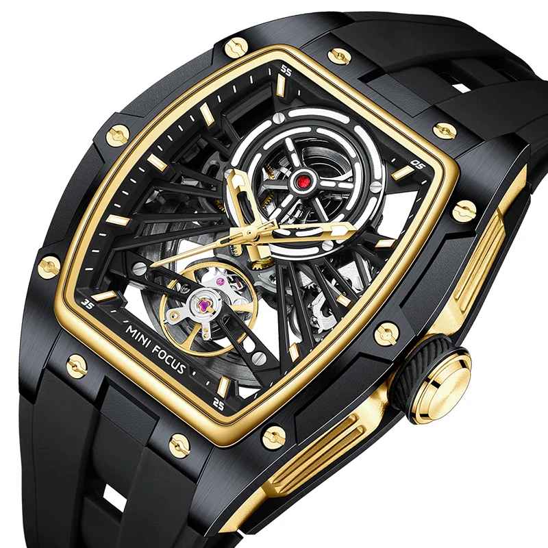 MINI FOCUS MF0603G Men Sports Automatic Watch Skeleton Barrel Mechanical Movement Silicone Strap Luminous Waterproof Watches